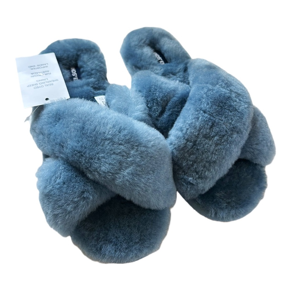 NWT Lands End Blue Shearling Crossband Slip-On Slide Slippers Women’s Size 9
